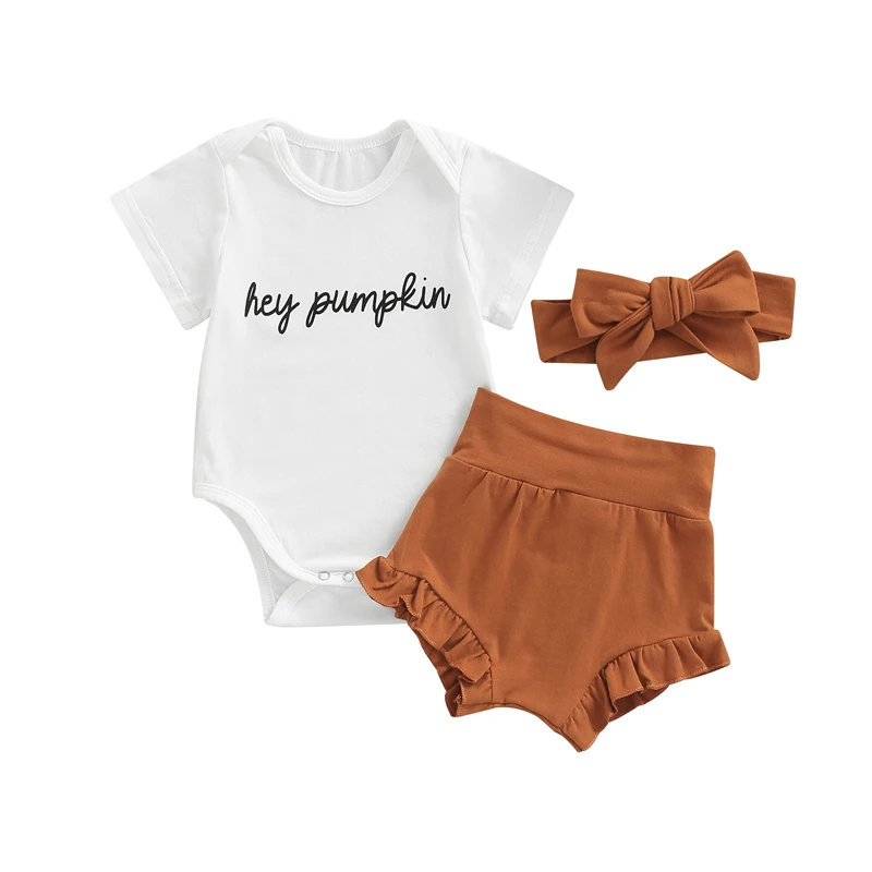 2022-06-30  Lioraitiin 0-18M Infant Baby Girl 3Pcs Halloween Clothing Set Short Sleeve Bodysuit Letter Printed Top Solid Shorts