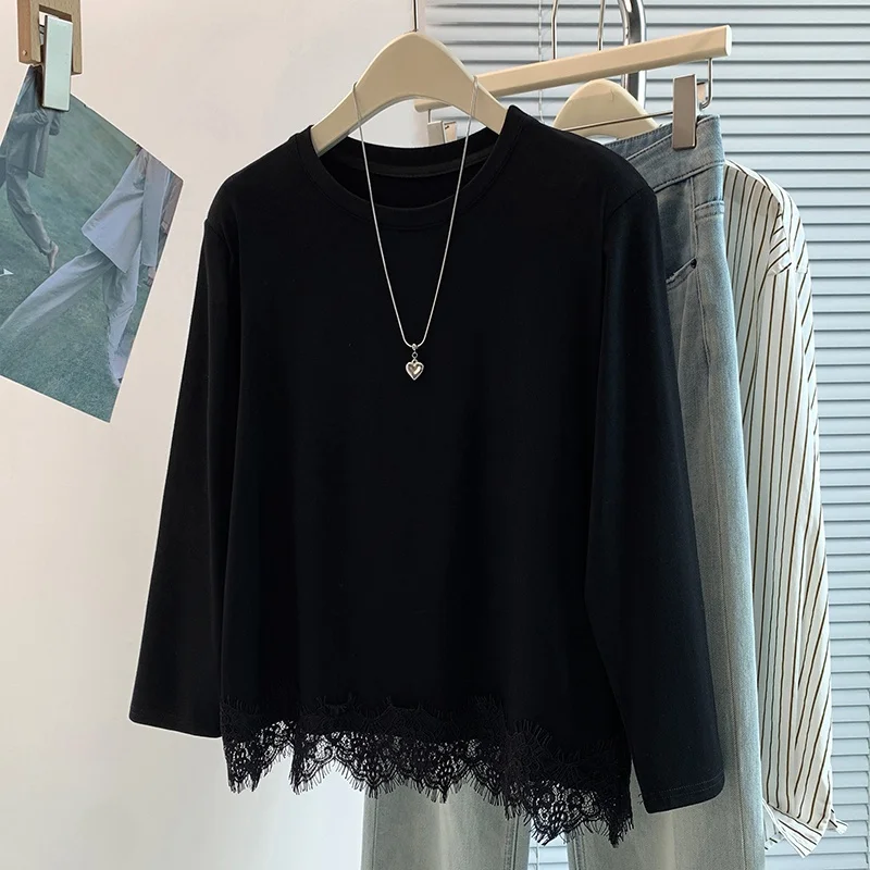 Autumn New Style Korean Design Lace Splicing Versatile Youthful High-End Base Layer Outerwear T-shirt Ladies Cotton Linen Lon...