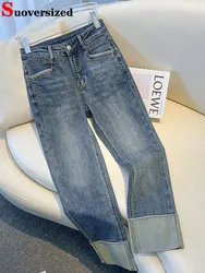 Vaqueros rectos de cintura alta con puños elegantes para mujer, pantalones vaqueros Vintage informales ajustados, ropa de calle coreana, pantalones elásticos hasta el tobillo, pantalones Kot