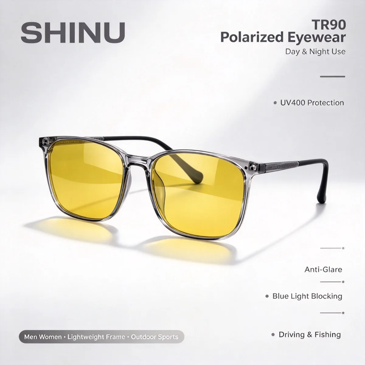 SHINU TR90 Polarized Eyewear for Men Women, UV400 Anti Glare Day Night Blue Light Blocking Glasses Driving Fishing Sports