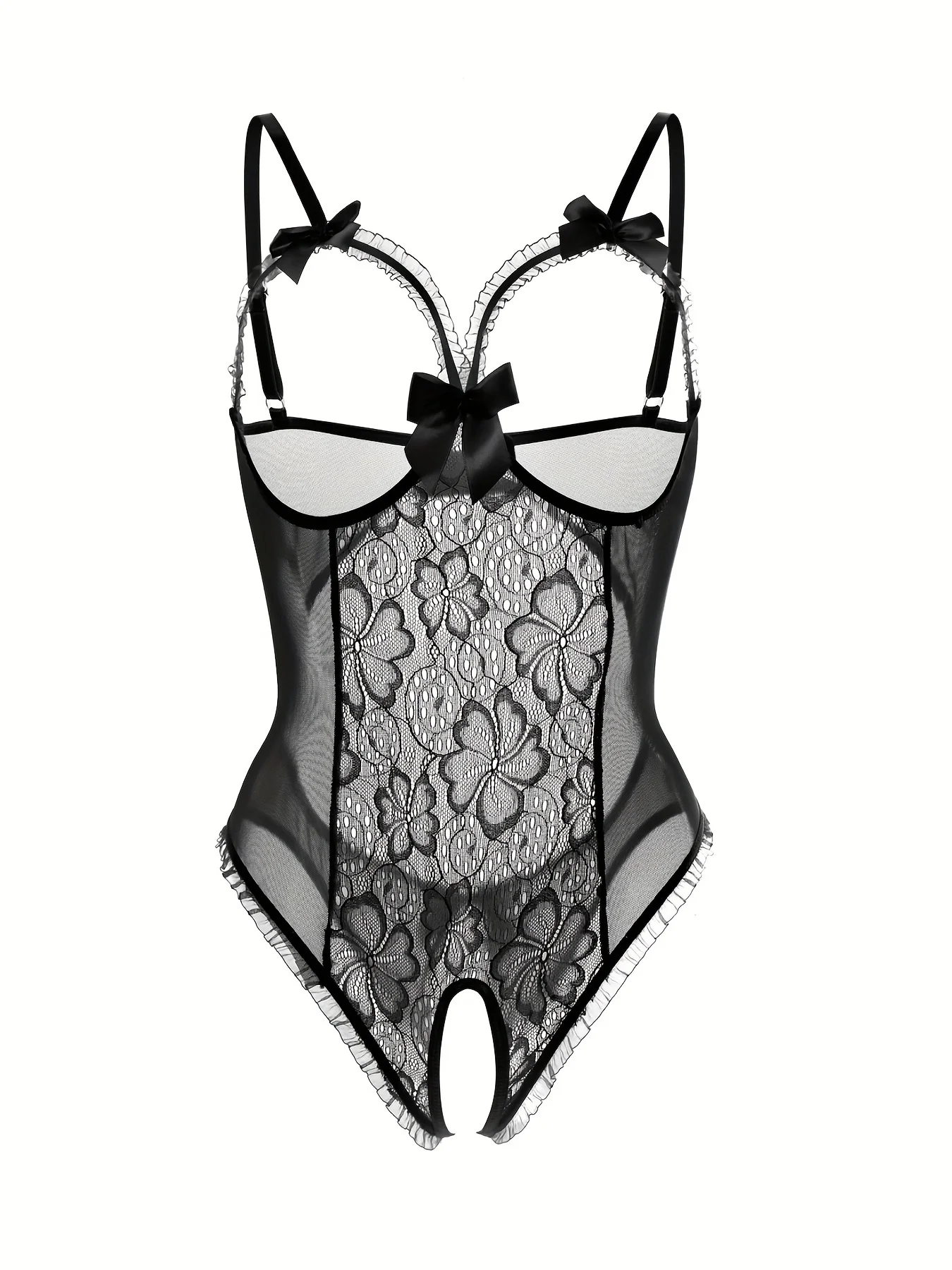 Floral Lace Bow Mesh Teddy, Hollow Out Open Bust Open Crotch Ruffle Bodysuit, Women\'s Sexy Lingerie & Underwear