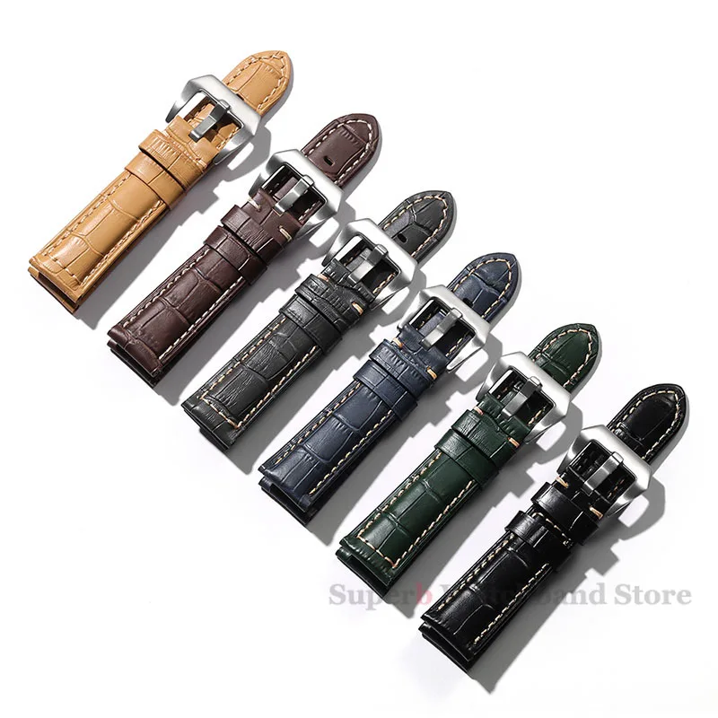20mm 22mm 24mm 26mm Cowhide Leather Bracelet Men Sport Strap for Panerai Genuine Leather Band for Samsung Galaxy Watch 3 4 Strap