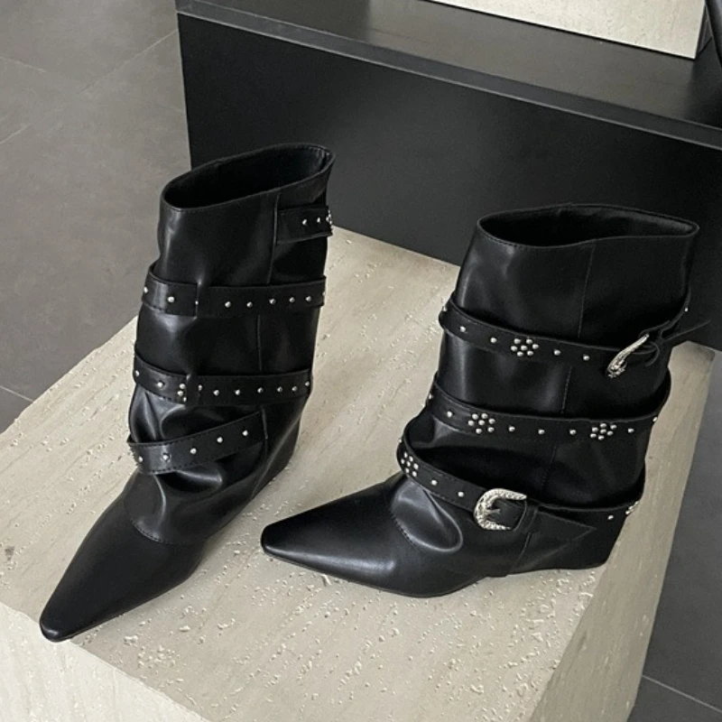 

Autumn Vintage Thick Heel Women Western Cowgirl Boots Fashion Belt Buckle Ladies Elegant Slip on Mordern Mid Calf Booties