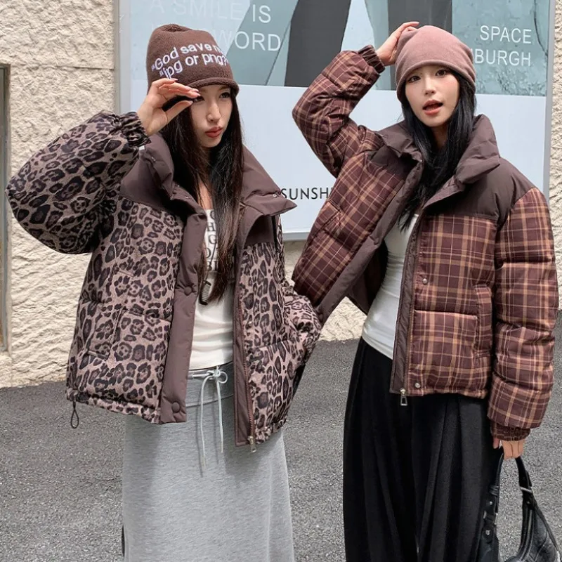 

Leopard Print Cotton Padded Jacket Women's Winter New Short Thick Warm Bread Coats Chic Stand Collar Splice Parkas Streetwear