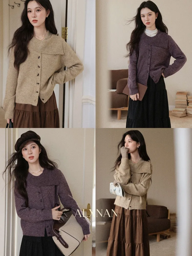 Alxnan camisola feminina marrom chique grande lapela malha pulôver outono inverno solto-ajuste casual manga longa quente senhoras topos l58019
