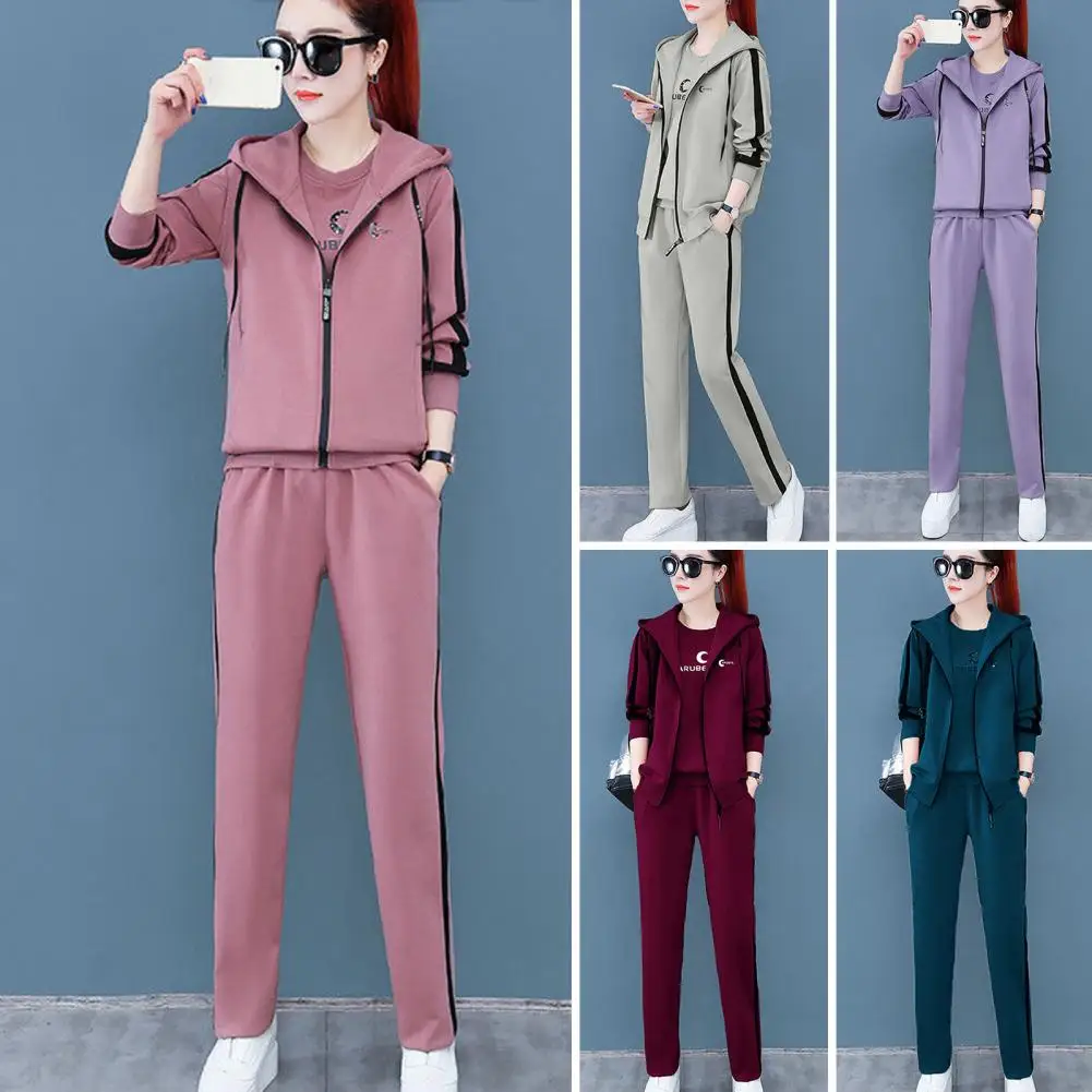 

3 Pcs/Set Women Lady Spring Winter Sports Suit Coat Top Pants Set Color Matching Soft Thick Hooded Long Sleeves Zipper