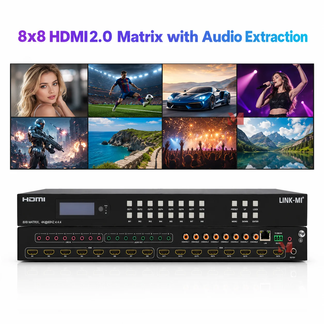 8x8 HDMI2.0 Matrix Switch Audio Extraction 4K@60Hz YUV4:4:4 18Gbps HDR10 Dolby Vision Support Video Switcher for Electronics