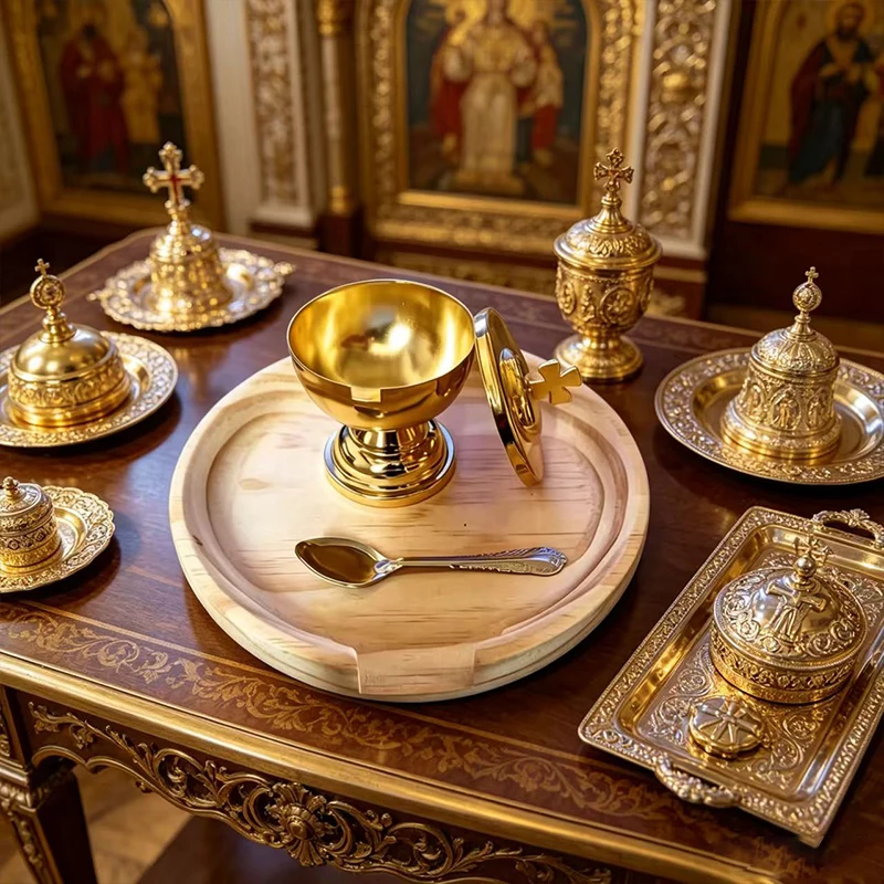 

Orthodox Altar Set Gold Metal Holy Oil Jar with Spoon Wood Tray Liturgical Chalice Ciborium Byzantine Church Supplies Gift