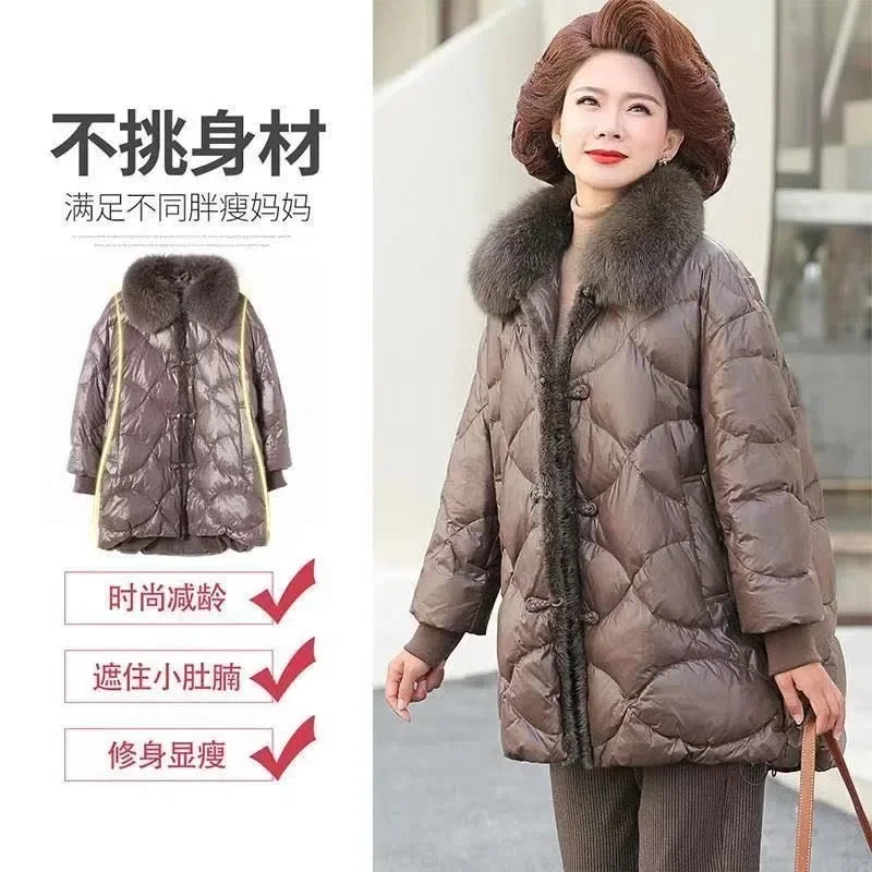 White Eiderdown Mother Down Winter Coat in The Long Foreign Style New Middle-Aged and Elderly Women\'s Winter Female Coat Thick X