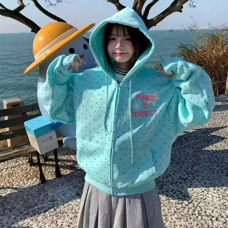 Polka Dot Star Letter Printed Cardigan Hooded Sweatshirt for Women 2026 Autumn New Fashionable Loose Versatile Design Sense Coat