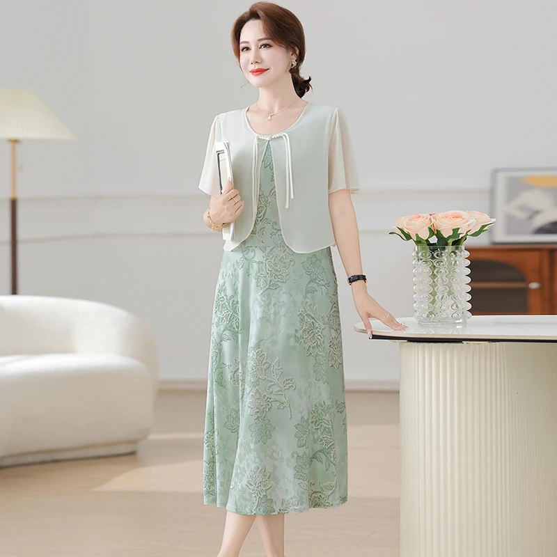 夏フェイクツーピースパッチワークドレスヴィンテージブロークンフラワー婦人服スタイリッシュな中国ディスクバックル A ラインミディドレス