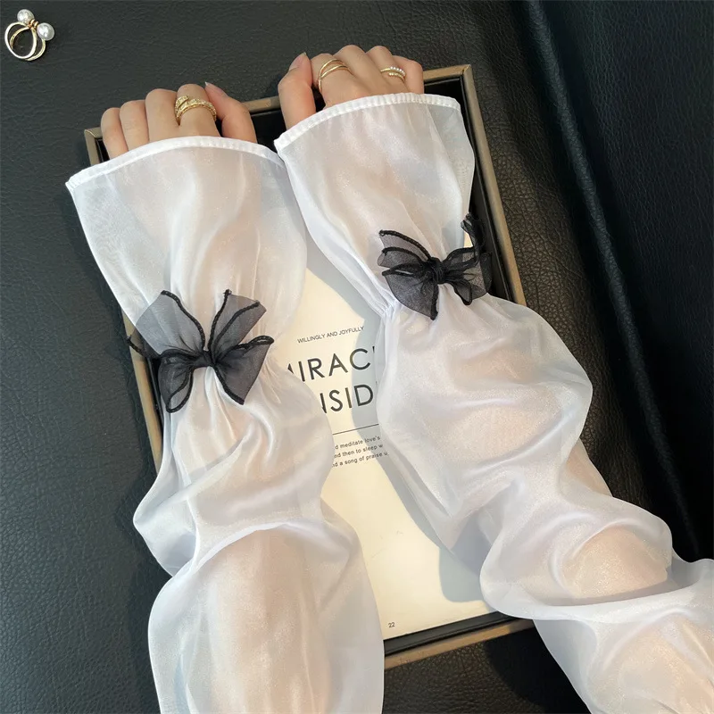 Women UV Protection Arm Sleeves Sheer Bowknot Loose Fairy Style Driving Flared Cuff Kawaii Breathable Thin Daily Wear Arm Covers image 3