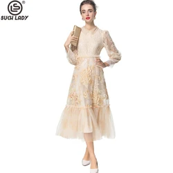 Women's Dress Peter Pan Collar Long Sleeves Beaded Elegant Designer Party Prom Gown Vestidos