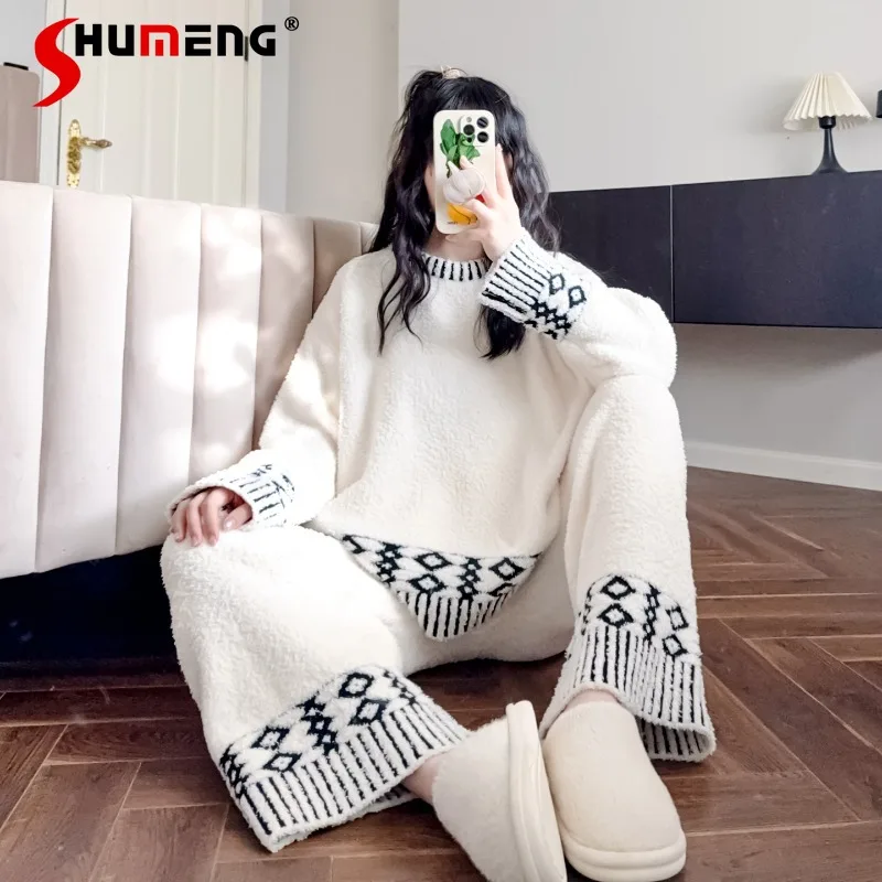 

Простой мягкий пижамный комплект в стиле Лолиты для женщин, осенне-зимнее флисовое нижнее белье, женская носимая теплая домашняя одежда в японском стиле