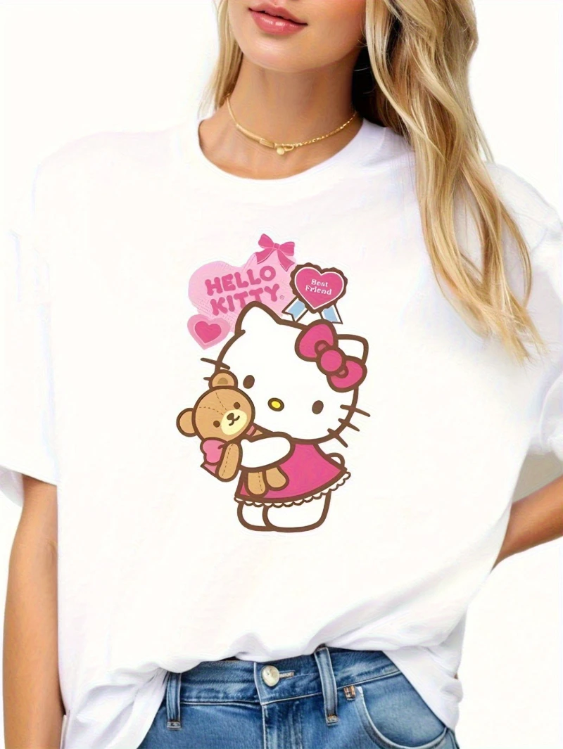 

Sanrio Hello Kitty Women's T-shirt - Cute Hello Kitty and Teddy Bear Pattern Loose Short Sleeve, Soft and Breathable Daily Top