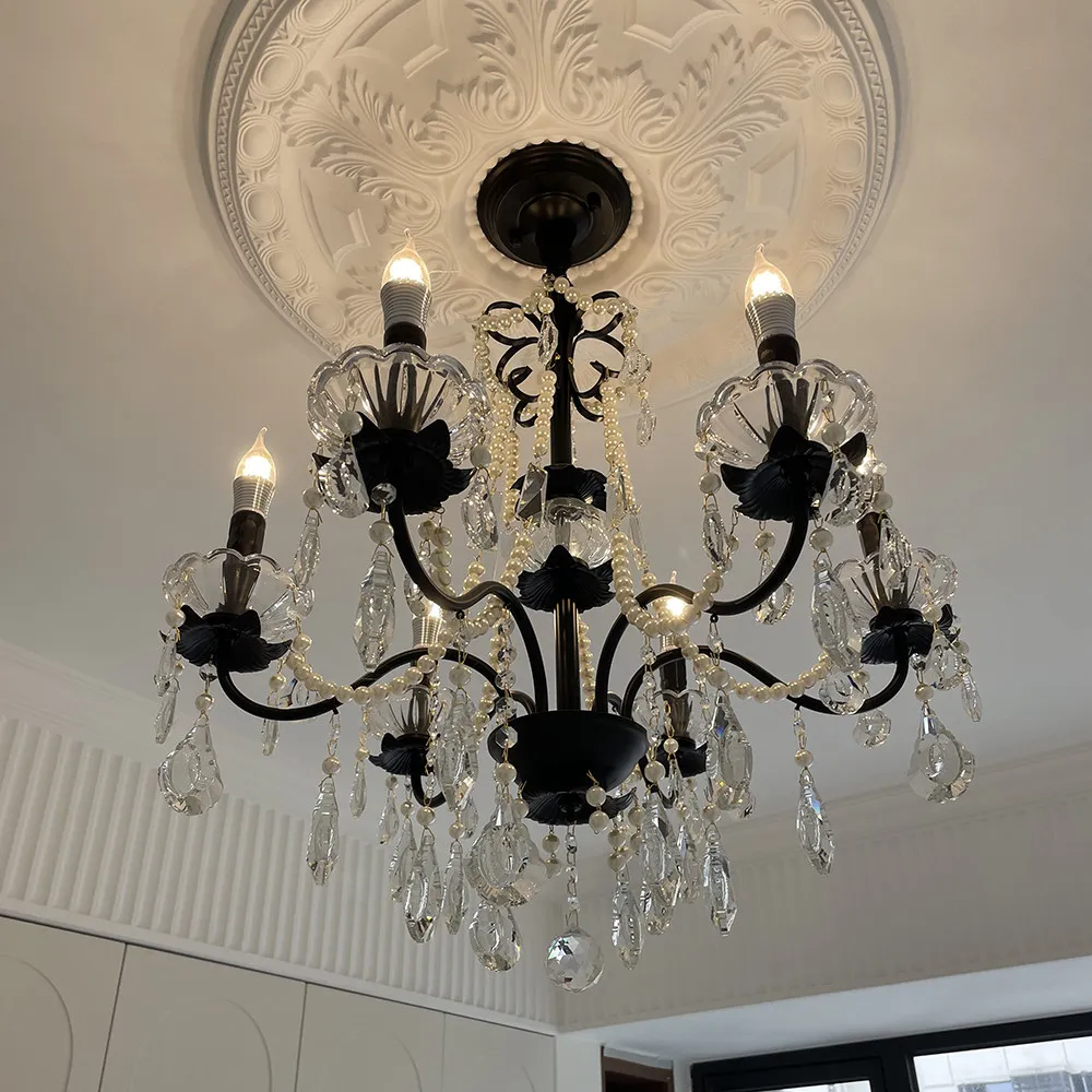 Vintage Black Candelabra Chandelier With Crystal and White Pearl Beads Iron Pendant Light For Dining Room Living Room