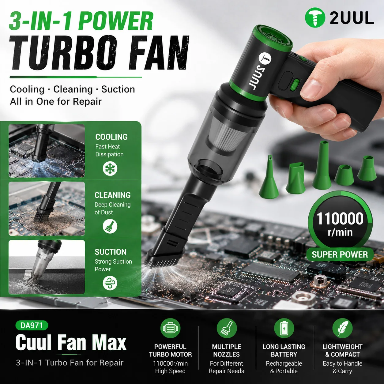 2UUL DA971 Cuul Fan Max 3-in-1 Turbo Fan 110000RPM Cooling Suction Cleaning Tool with Multiple Nozzles for Phone PCB Repair