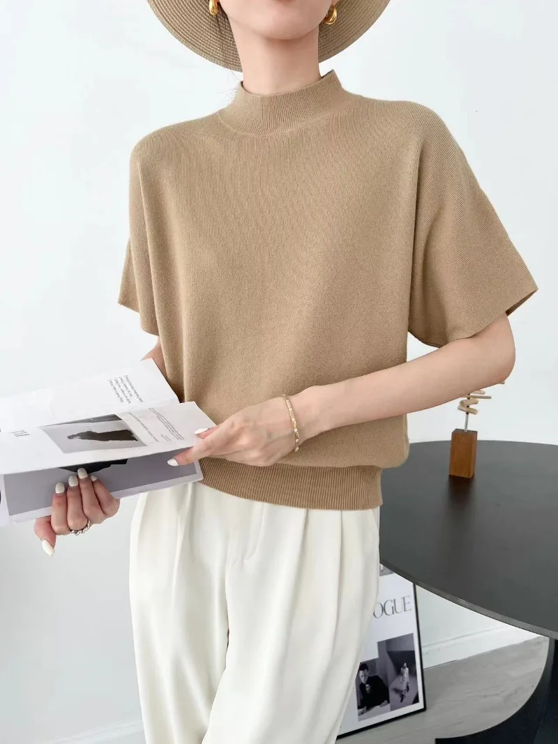 New Spring Summer Knitted Loose Top Women Half High Collar Batwing Short Sleeve Casual Sweater T-shirt Korean Fashion Y2k