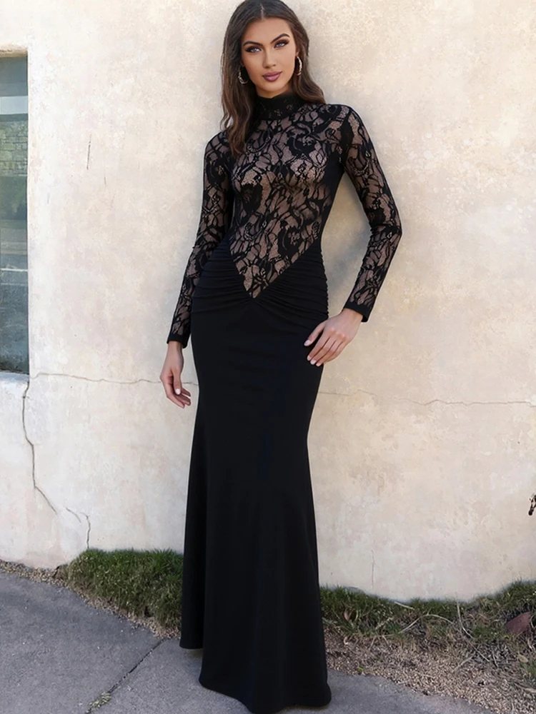 Cutenew Coltrui Kant Patchwork Jurk Vrouwen Trend Volledige Mouw Skinny Plooien Rits Sexy Middernacht Mode Prom Party Vestidos