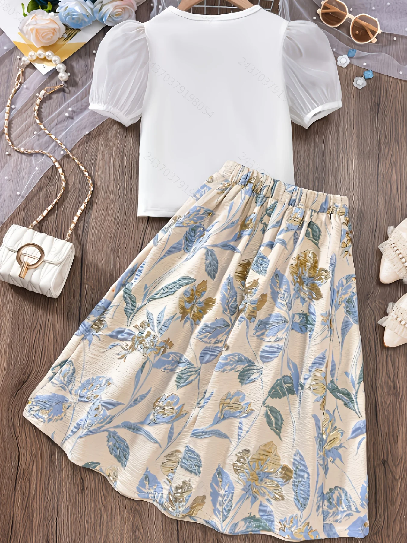 Girls' Fashion Spring & Summer Casual White Puff Short Sleeve Top + Floral Embroidered Pleated Skirt 2-Piece Set