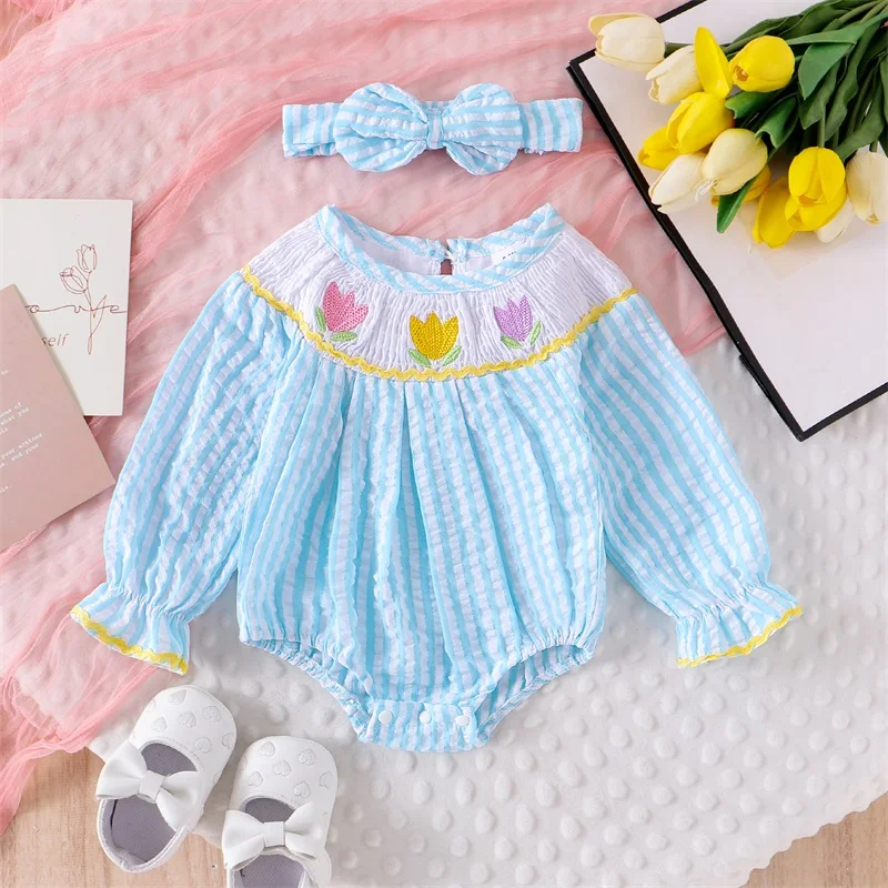 SUNSIOM Baby Girls Rompers Stripe Letter Balloon/Floral Embroidery Long Sleeve Jumpsuits Bodysuits with Headband