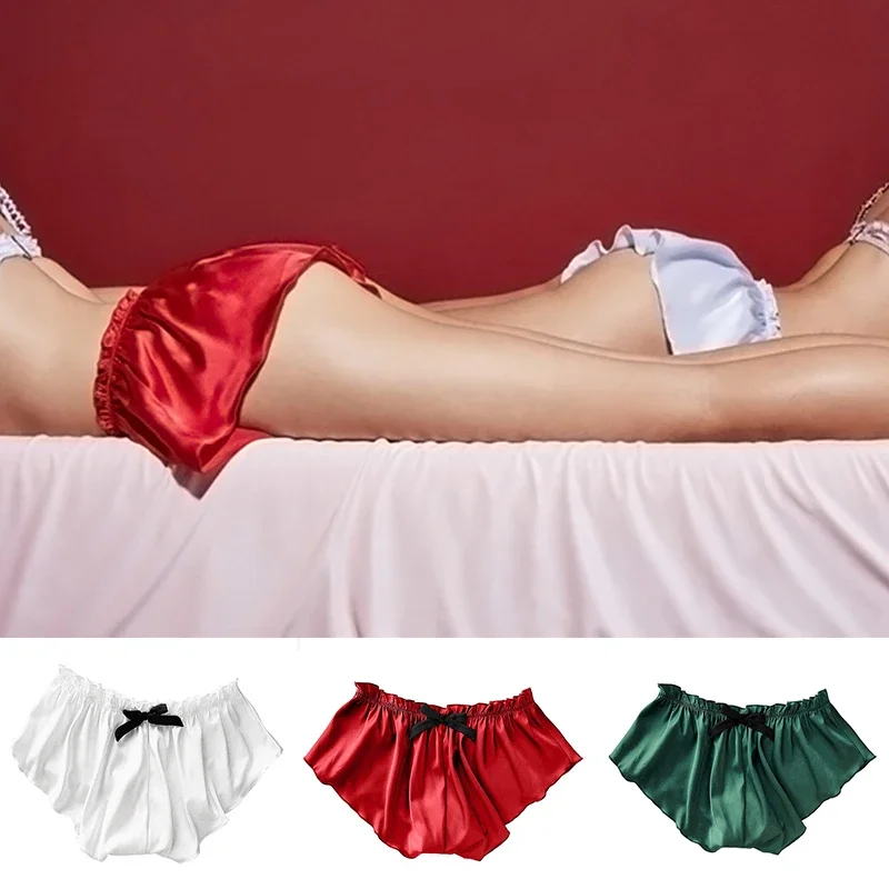 

1pc Soft Satin Imitation Silk Sleeping Panties Women Sexy Comfortable Ruffle Elastic Waist Lingerie Briefs Slid Color Plus Size