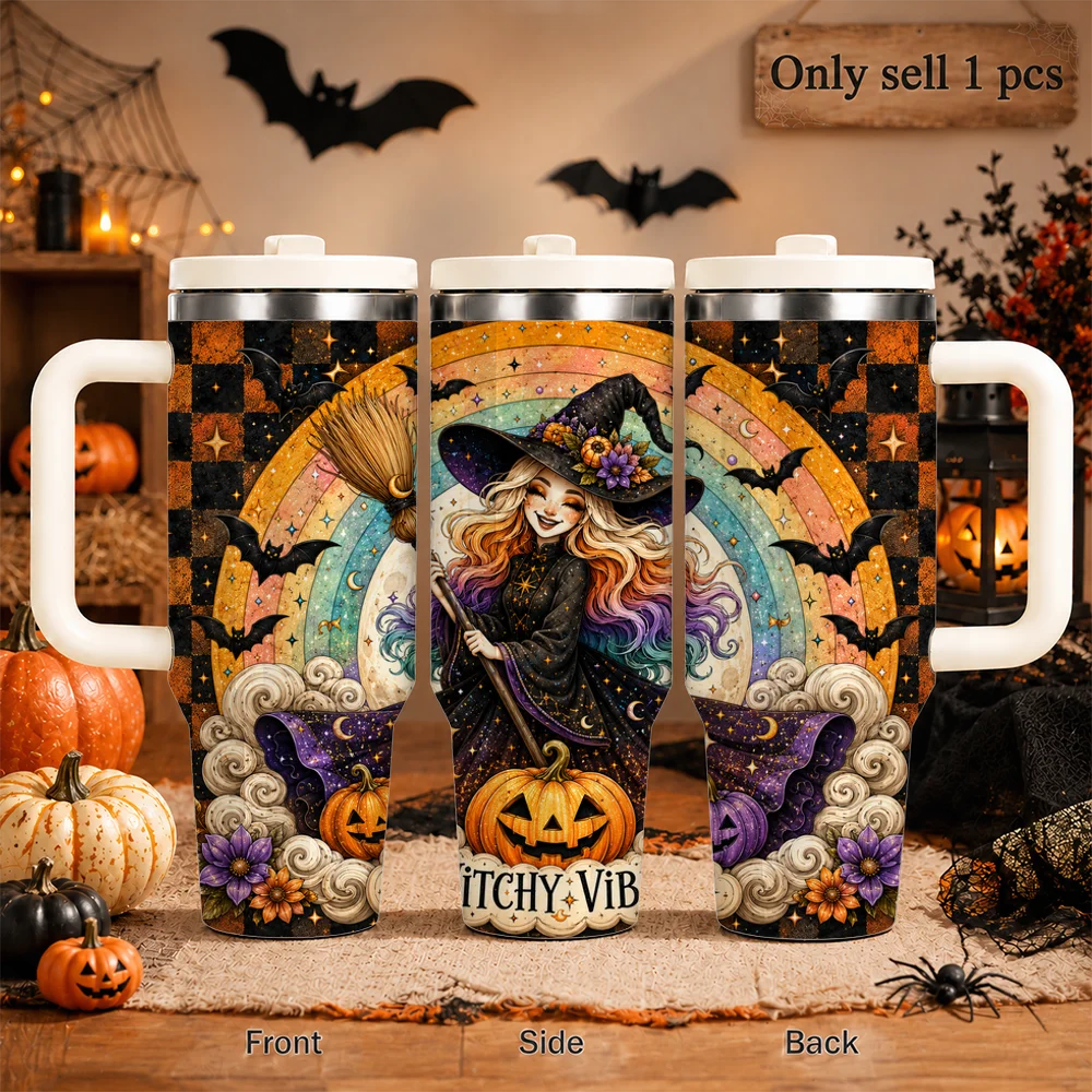 Retro Halloween Witch Vacuum Flasks 40oz Leakproof Insulated Tumbler with Handle Straw Lid, Stainless Steel Travel Cup