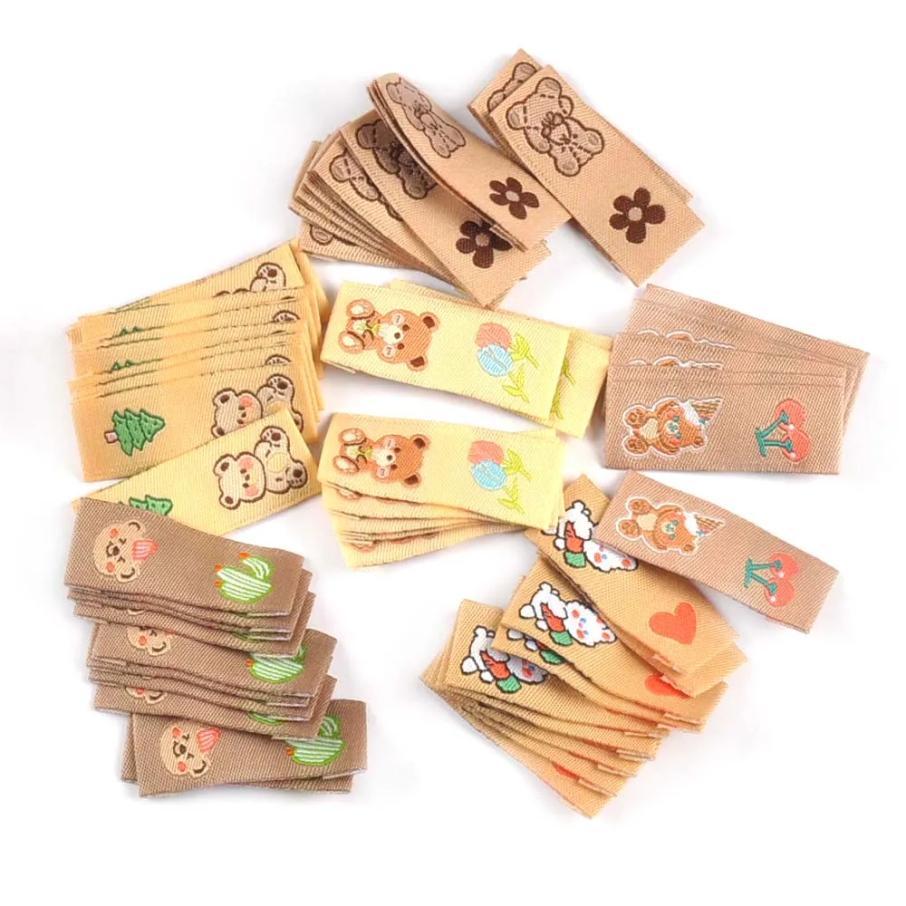 50Pcs Kawai Bear Embroidery Brown Labels For Knitted Hats Bag Shoes Sewing Garment Accessories DIY Tags Crafts Handmade Supplies