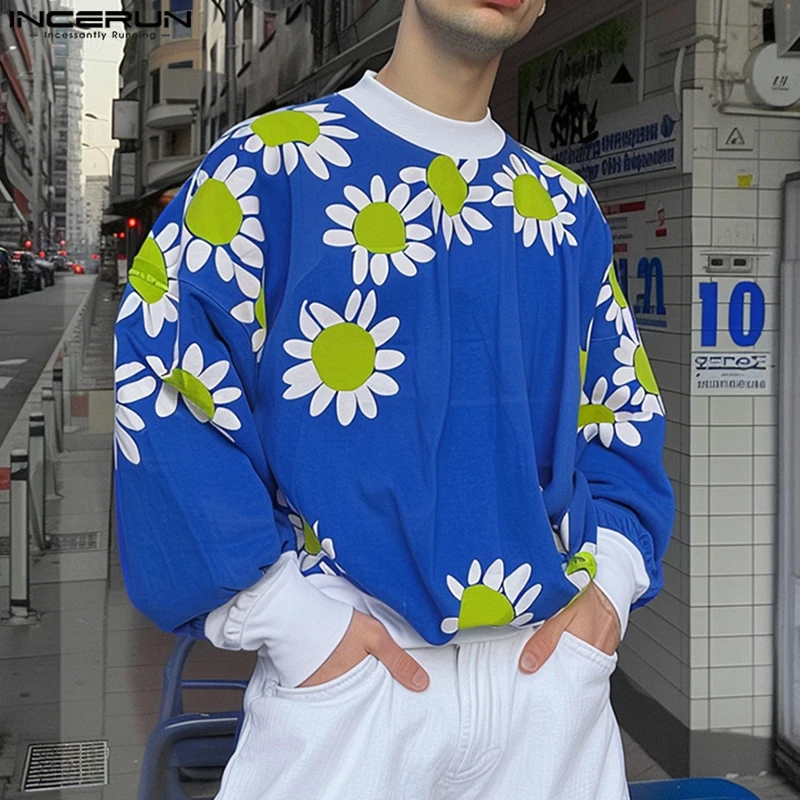 2024 INCERUN Men Casual Lantern Long Sleeve Hoodies Floral Printing Elegant Pullovers Loose Colorblock Jumpers Round Neck Coats