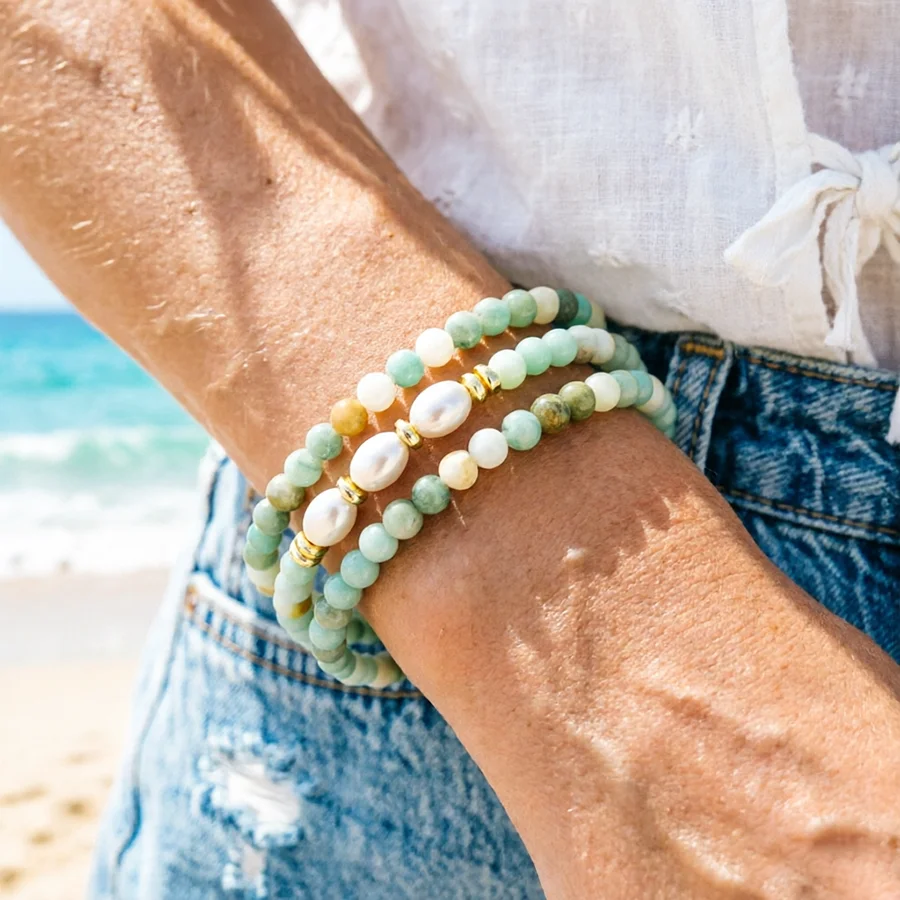 Luxuriöses 3-teiliges Set Naturstein-Armband für Damen Imitationsperlen 8 Stiloptionen Lässiges Energie-Armband Urlaubs-Charm Damenschmuck