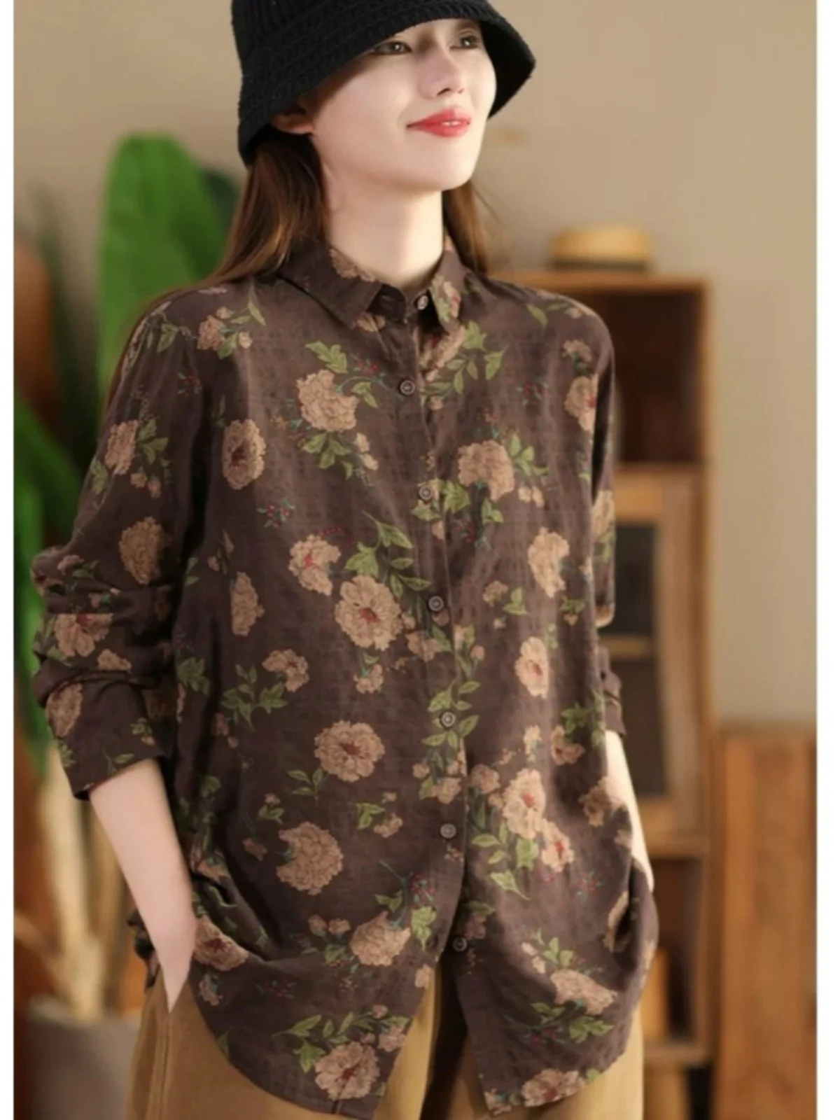 

Ретро Sle Long Sve, хлопок, лен, цветочный принт, свободный повседневный воротник, женский весенний утягивающий базовый слойный топ