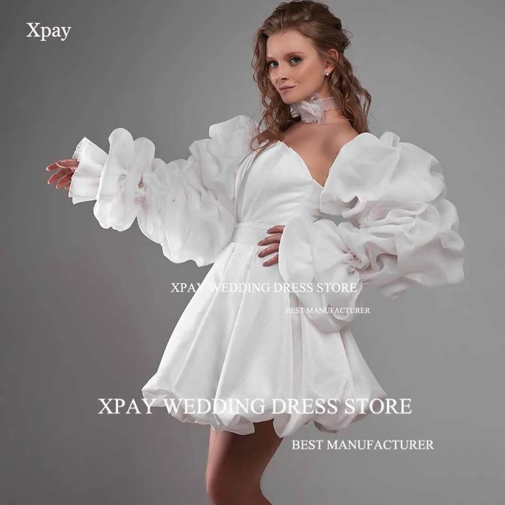 

XPAY Princess Strapless A Line Short Wedding Dresses Pleats Satin Long Puff Sleeve Wedding Party Gowns Custom Vestido de noiva