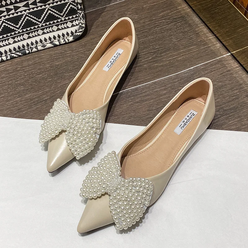 

Women Fashion Flat Single Shoes Feamle Spring String Beaded Bow Shallow Mouth Pointed Toe Shoes Plus Size 34-43 Zapatos De Mujer