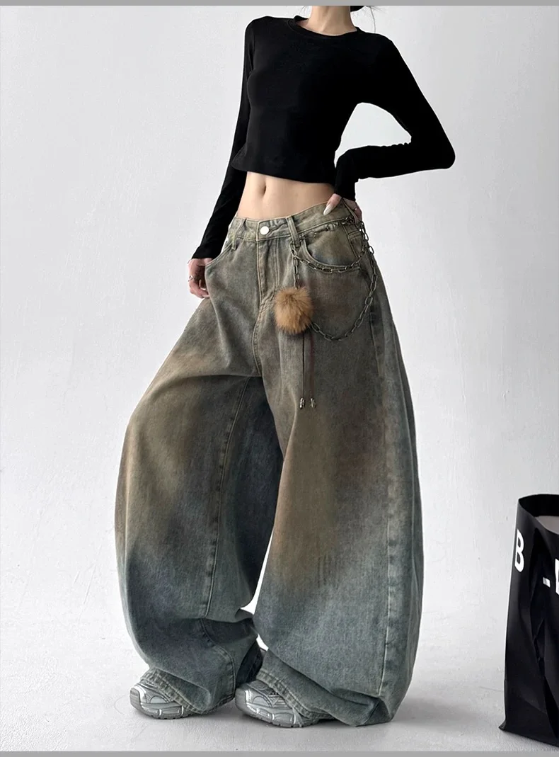 Y2K Vintage Jeans Herbst Winter Distressed Spray Washed Lose Gerade Bein Breite Bein Hosen Mode