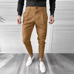 Vintage Solid Color Mens Pencil Pants Streetwear Fashion Slim Fit Stretch Suit Pants For Men Spring New Casual Trousers Classic