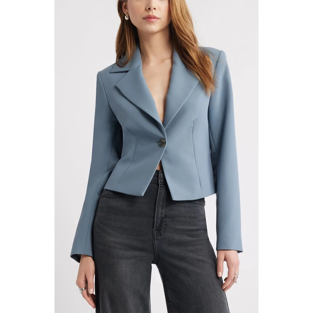 

Tesco туманный синий женский пиджак с лацканами на одной пуговице, короткий пиджак, повседневный офисный женский пиджак