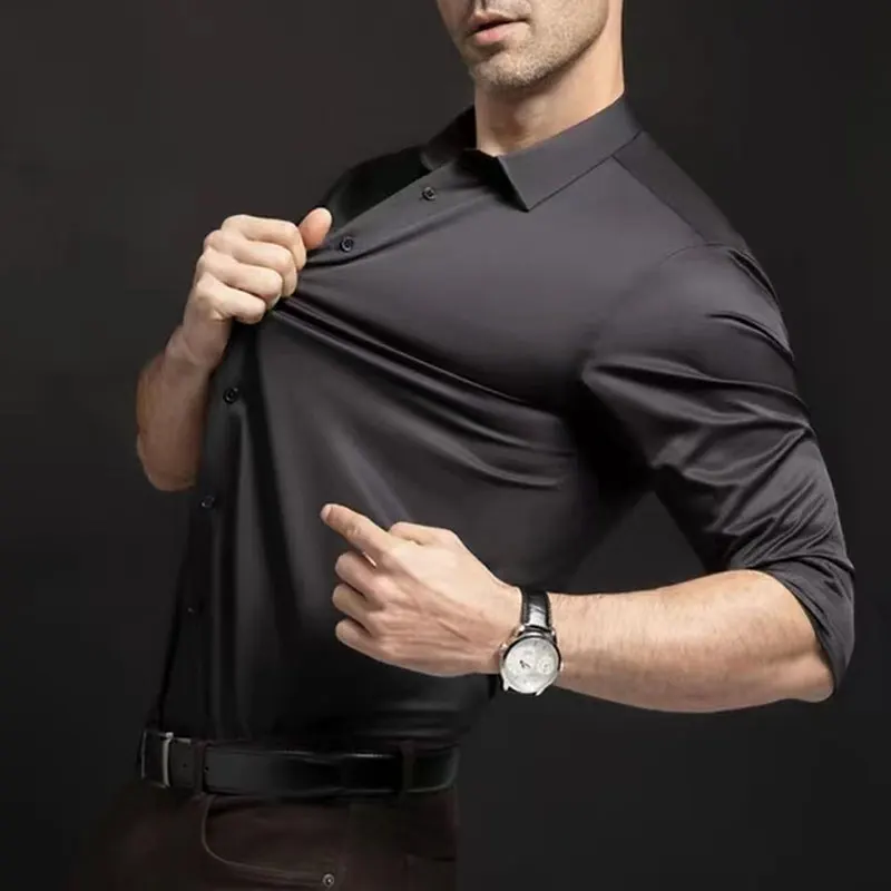 6XL short-sleeved men\'s shirt Long-sleeved spring/summer formal Ice silk High quality business machine wash casual wear