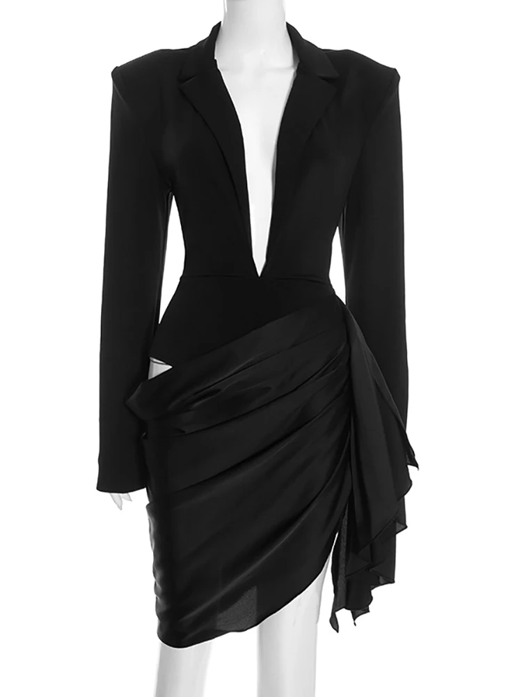 JULISSA MO Sukienka damska typu blezer z patchworkiem, głęboki dekolt w serek, długi rękaw, biała satyna, wysoki stan, zimowa, dopasowana, elegancka, na imprezę, do klubu