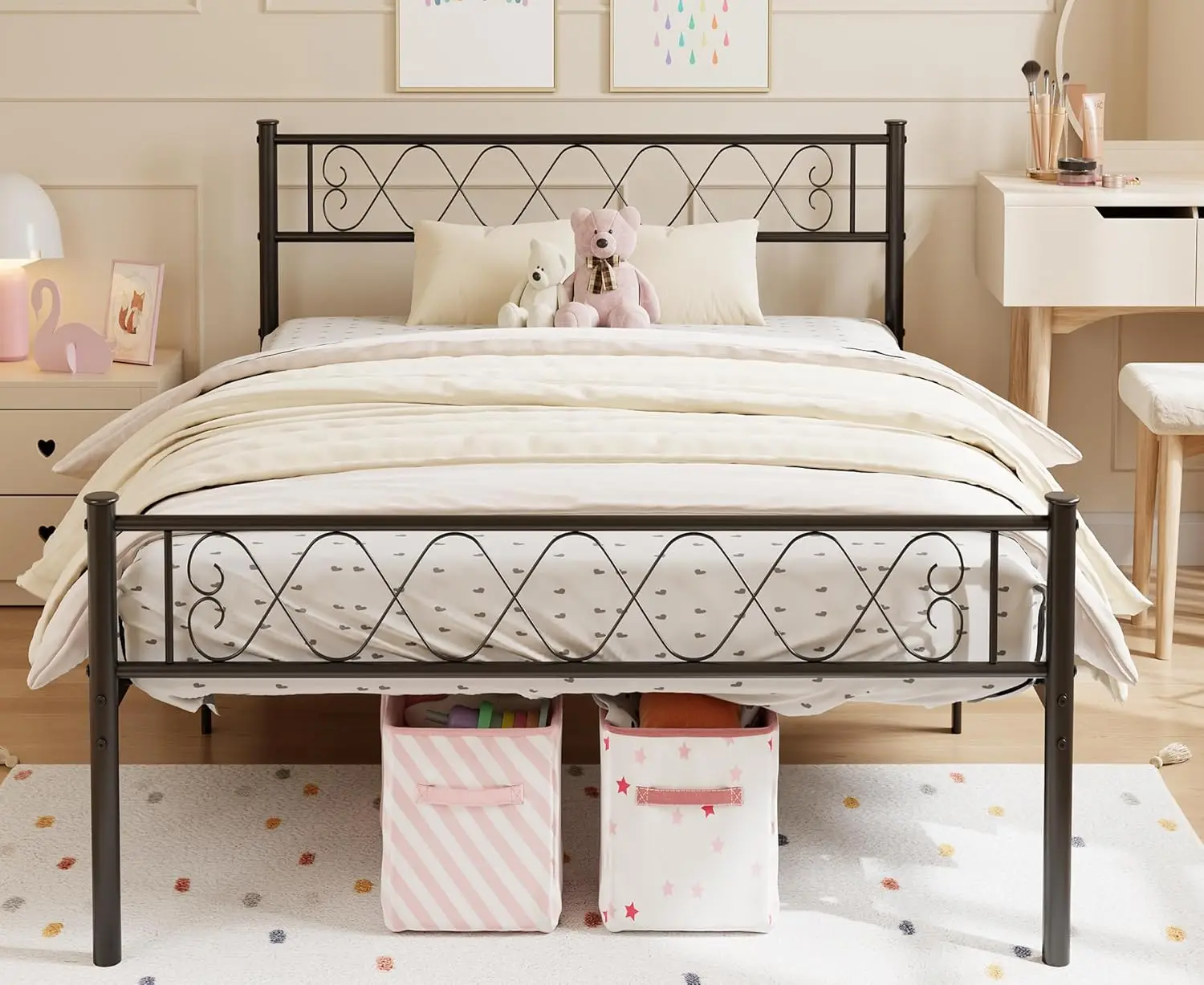 

Metal King Bed Frame - Headboard And Footboard With Iron Heart Design, Twin Size Platform Bed For Boys And Girls,, Customized
