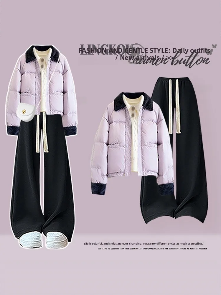 

Корейский женский комплект из трех предметов: хлопковая кофта, вязаный свитер, повседневные брюки с высокой талией, большие размеры