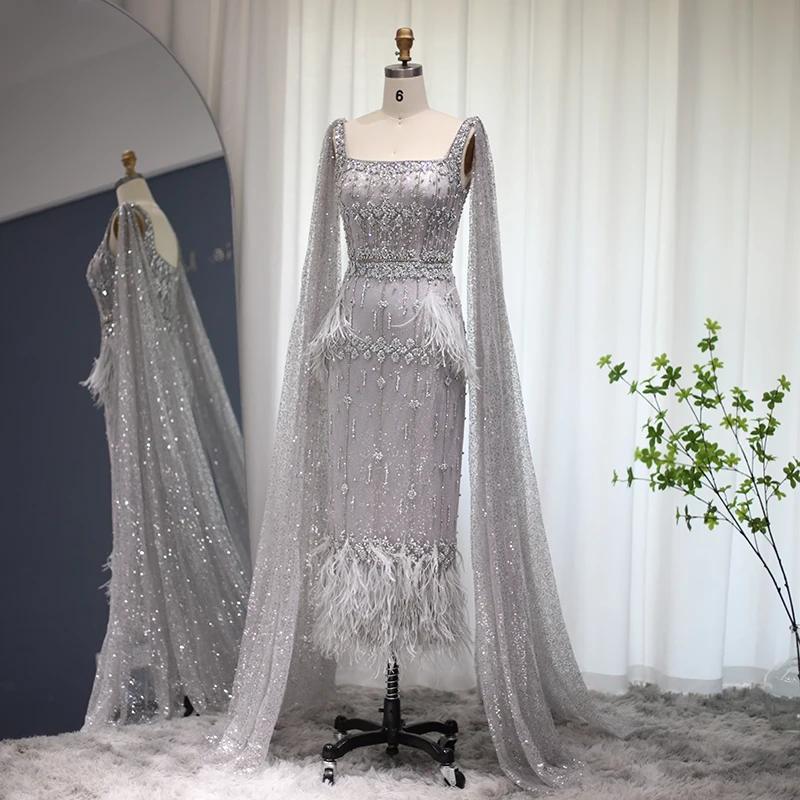 Bling Gray Mermaid Arabic Evening Dress with Cape Luxury Feather Crystal Dubai Prom Formal Dresses for Women Wedding Party Gowns