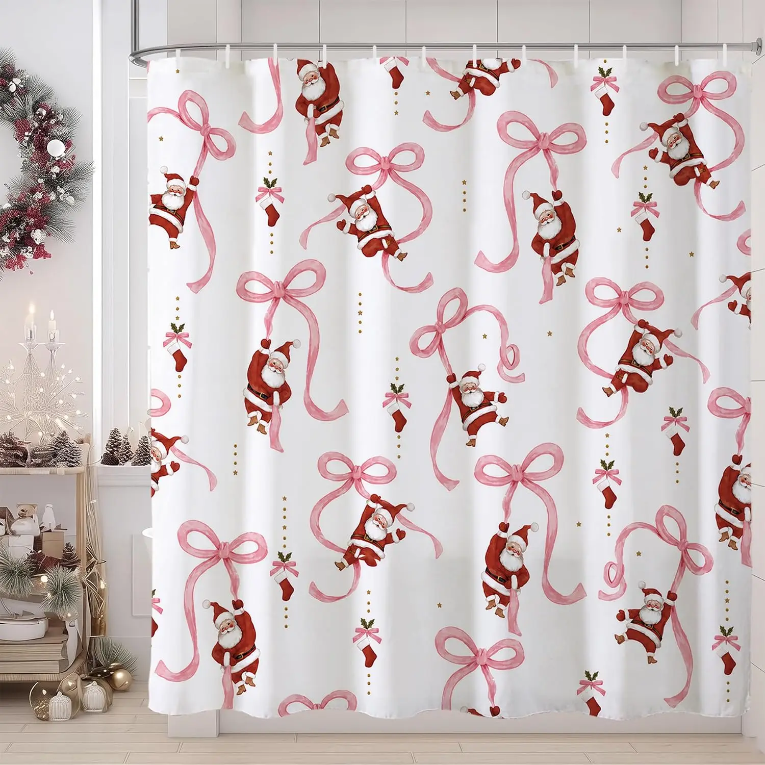 Baccessor Christmas Shower Curtain 72x72 Inch Red Santa Stocking Bathroom