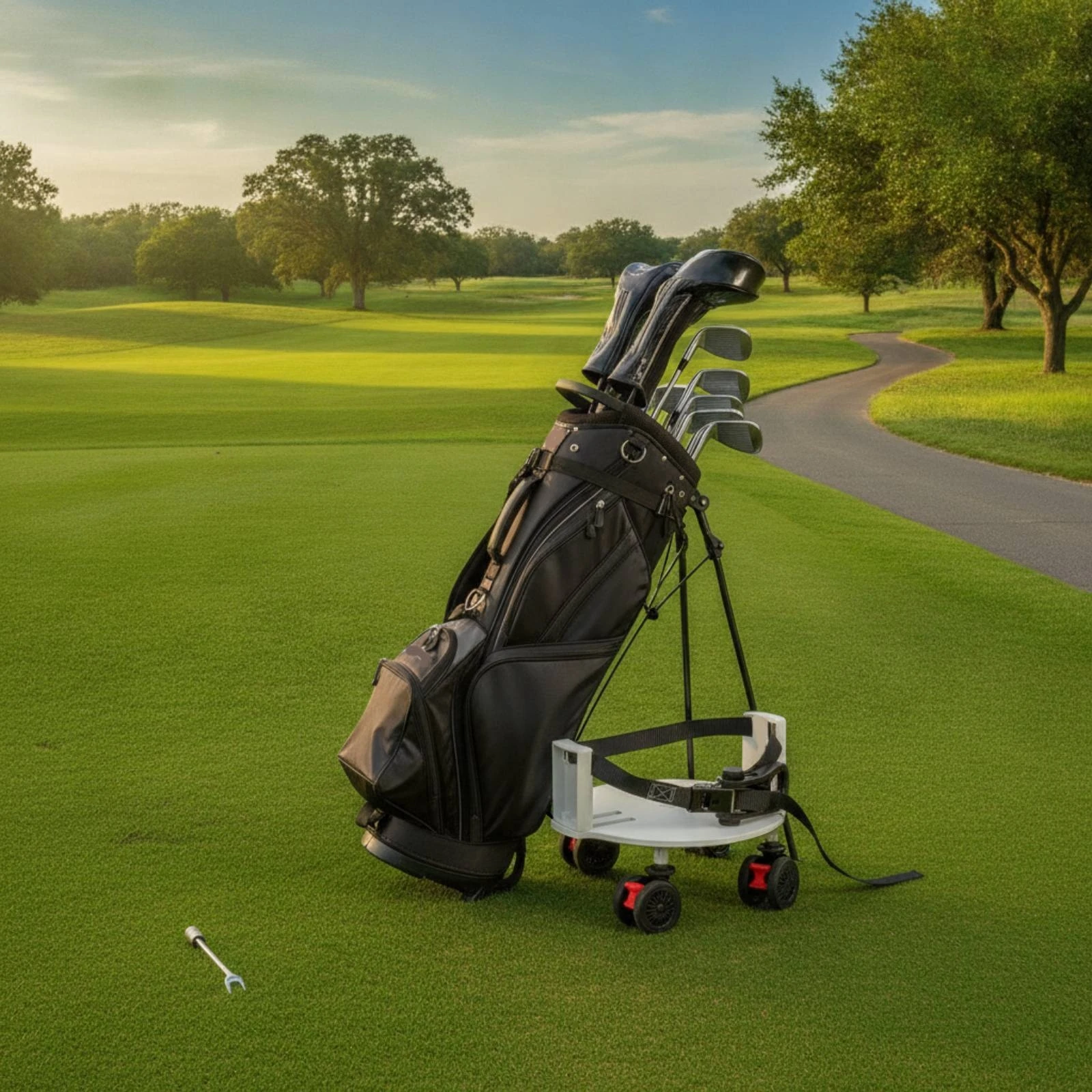 Golf Bag Wheel Base Swivel Golf Bag Dolly with Wheels Rolling Adjustable for Golfers, Driving Range, Clubhouse