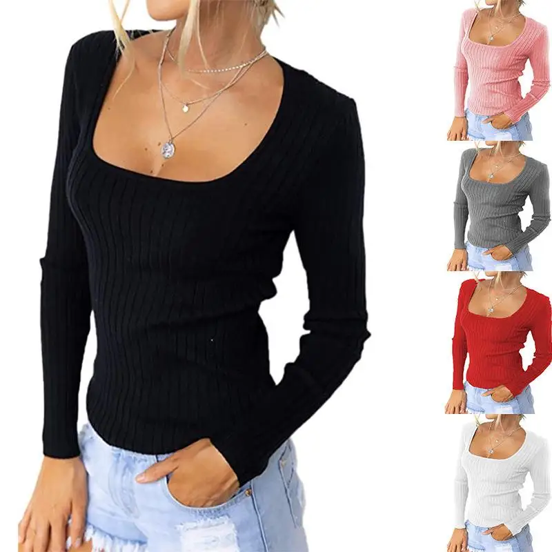 Camiseta cuadrada de punto Ne Long Sve para mujer Street Sle Slim Fit Color poliéster Invierno Faion Top para mujer