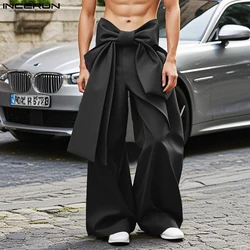 INCERUN 2025 American Style Trousers Stylish Men's Large Bow Tie Strap Design Pant Casual Clubwear Male Solid Wide Leg Pantalons