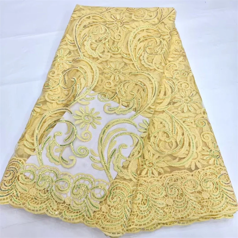 African Sequined Yellow Lace Fabric for Dress, French and Nigerian Wedding, Green High Quality Lace Material, 2024