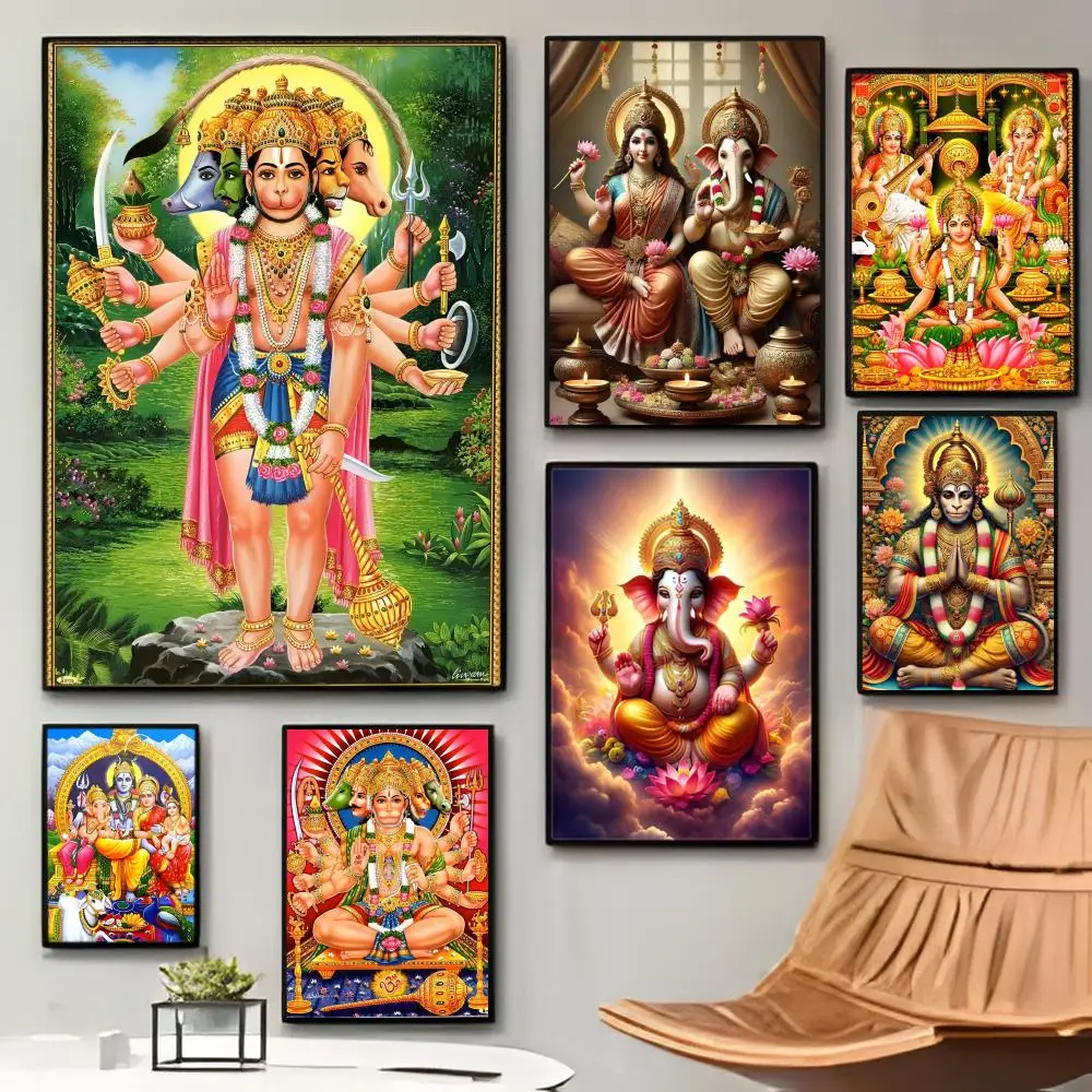 Indische Hindu-Göttin Lord Hanuman Religiöses Poster Selbstklebendes Wasserfestes Poster für Café Bar Zimmer Wanddekoration Geschenk