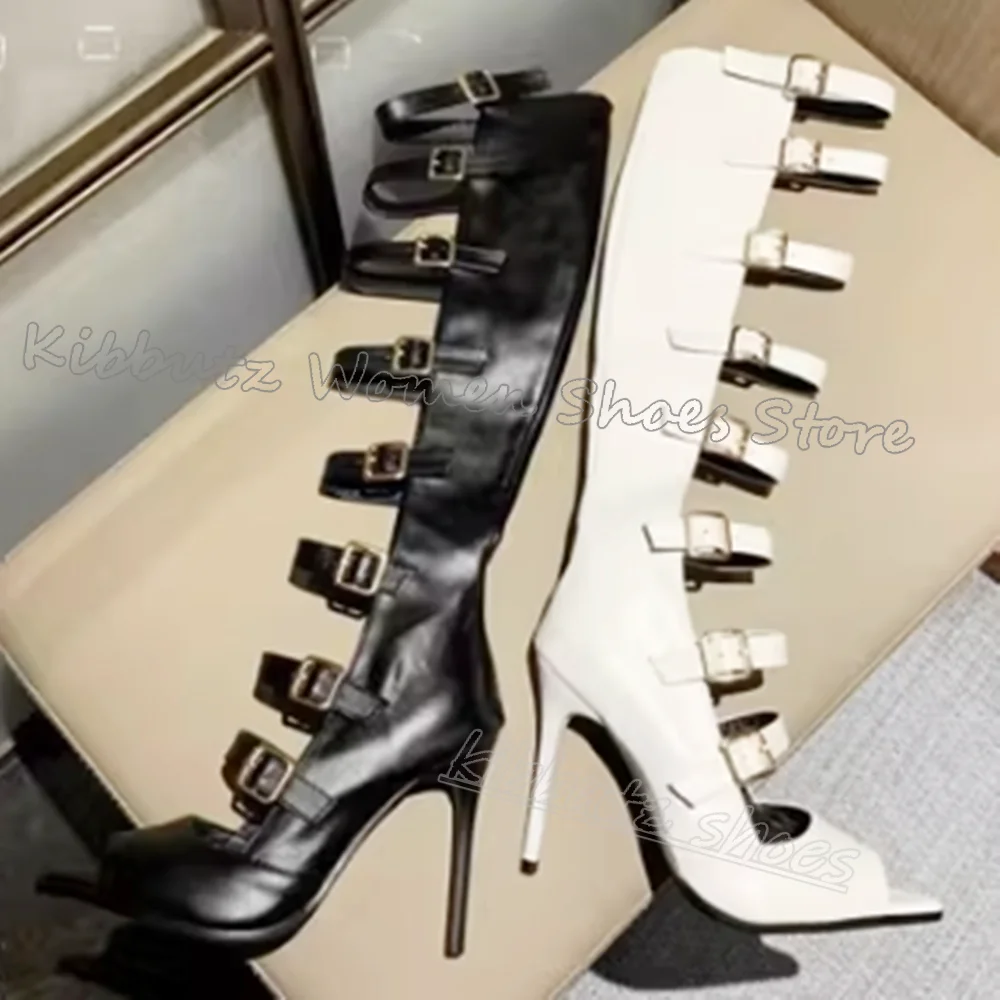 

Belt Buckle Sandal Boots Pointed Toe Thin Heels Novelty Leather Back Zipper Solid Color Fashion Elegant Sexy Women Shoes Newest