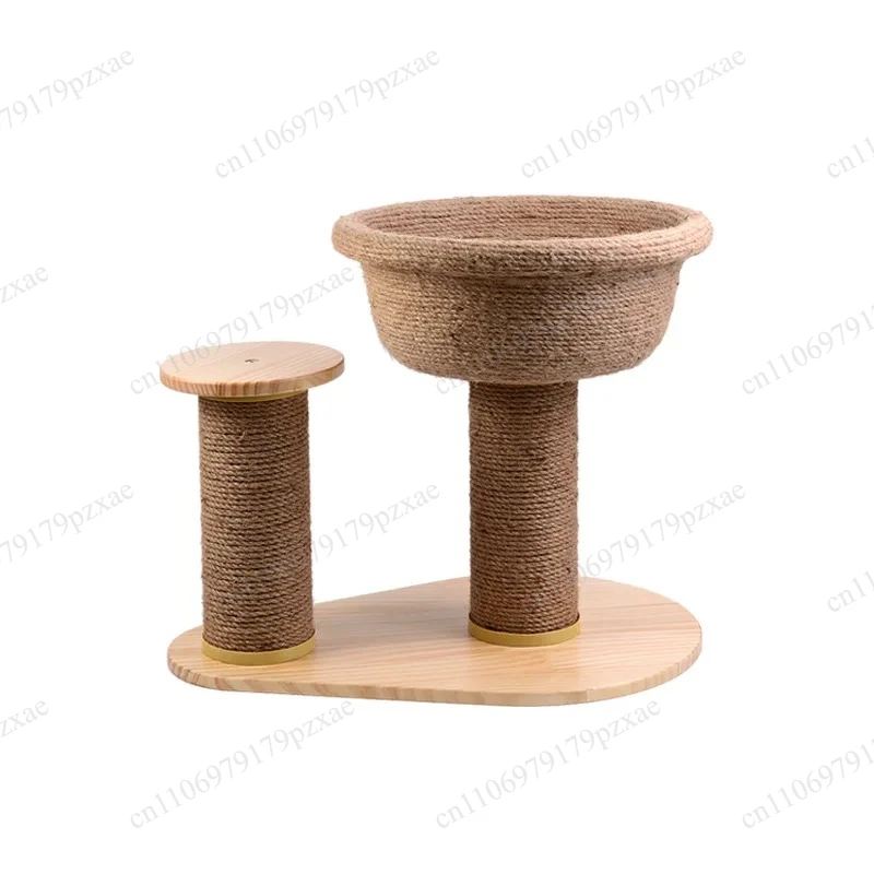 Solid‑Wood Cat Climbing Frame with Hemp‑Mat, Litter Basin Nest, Scratching Post and Scratching Board Pet Play