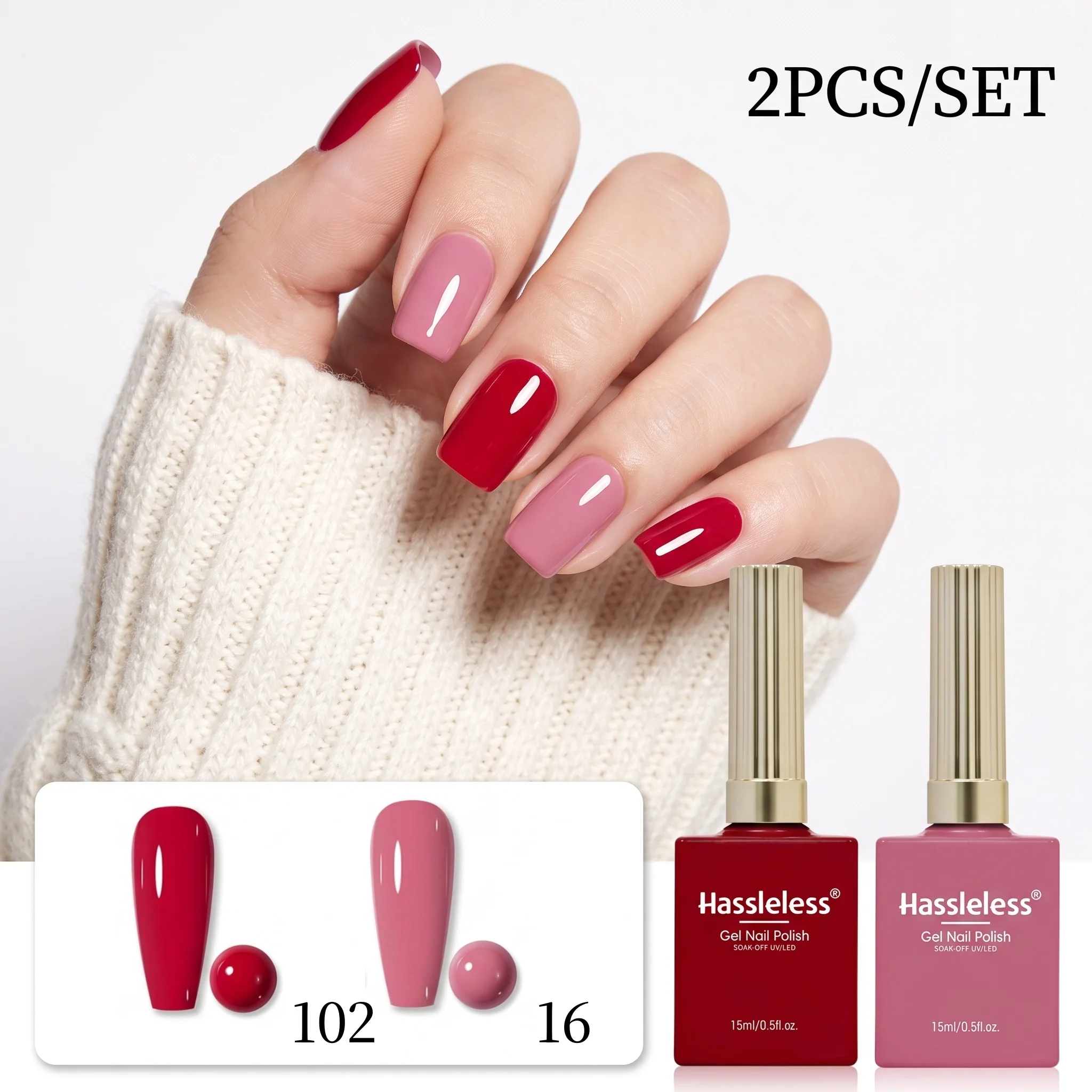 Hassleless 2Pcs Dual-Color Nail Polish Gel Set, Each Bottle 0.5 Oz, Salon and Home Nail Art Set, Perfect Holiday Gift Choice